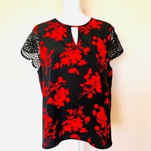 Shein Curve Black & Red Lace Floral Shoet Sleeve Blouse.